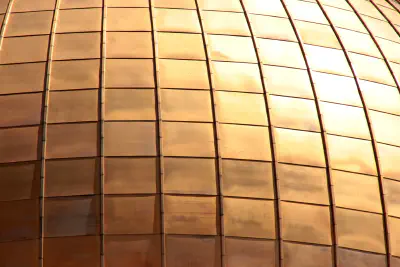 A curved, gridlike metallic structure with the sun shining on it