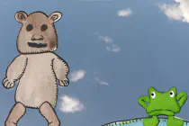 An animated frog and bear standing beside each other on grass, looking at the camera